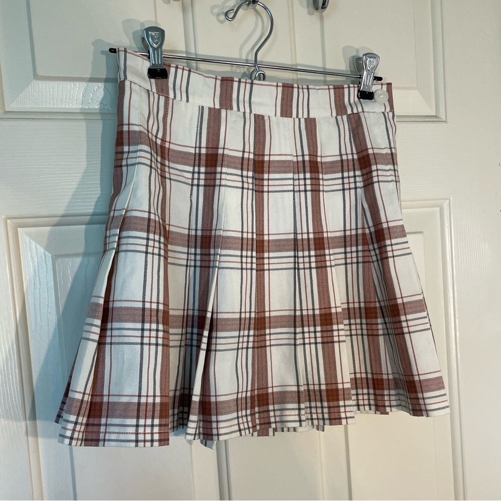 NWT Aerie plaid pleated mini skirt in white and brown size small - Picture 4 of 8